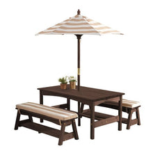 Load image into Gallery viewer, Outdoor Table &amp; Bench Set with Cushions &amp; Umbrella - Oatmeal &amp; White Stripes
