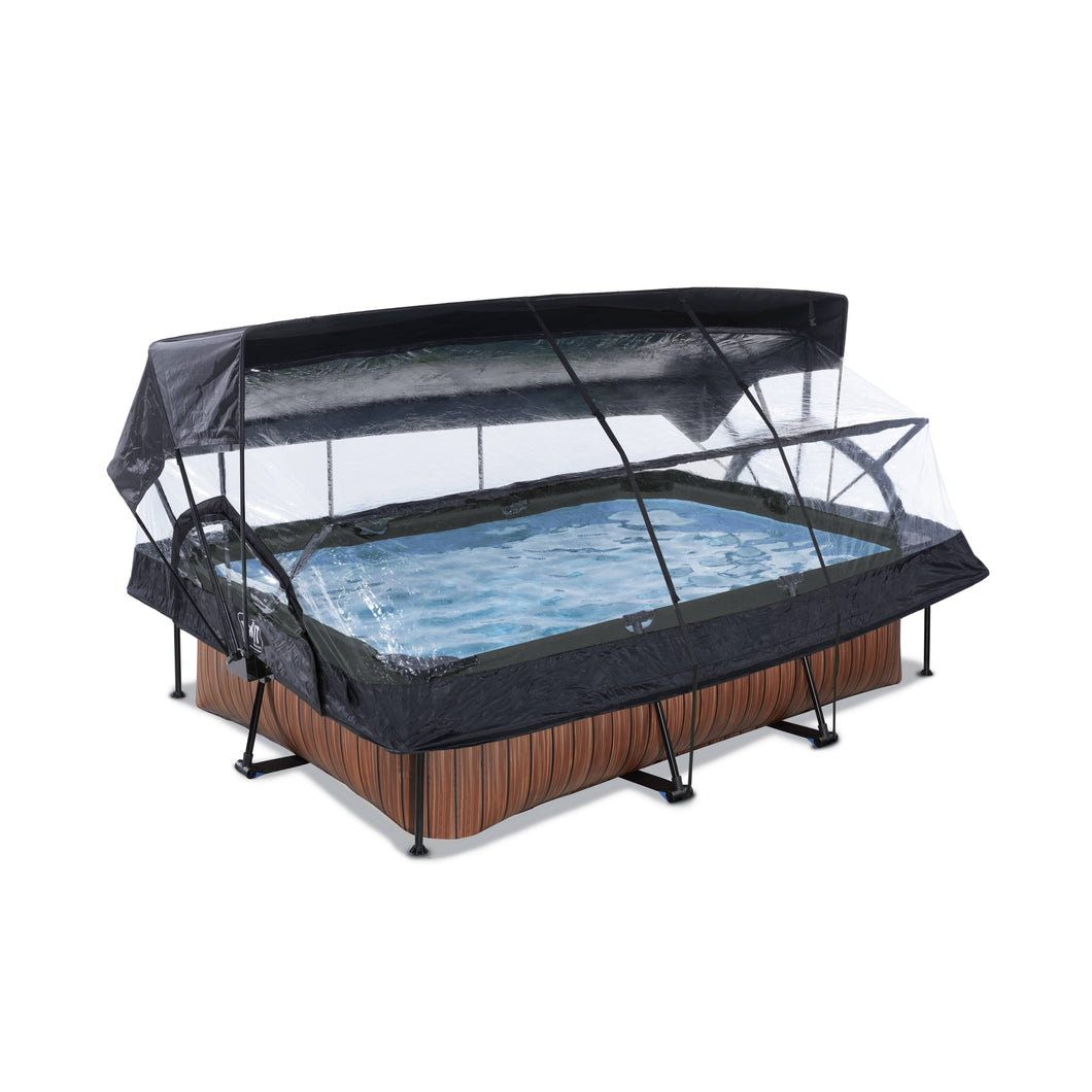 EXIT Wood pool 220x150x65cm, 300x200x65cm with dome, canopy and filter pump - brown
