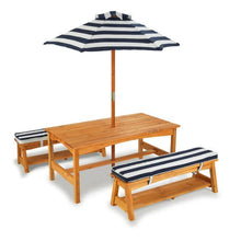 Load image into Gallery viewer, Outdoor Table &amp; Bench Set with Cushions &amp; Umbrella - Navy &amp; White Stripes
